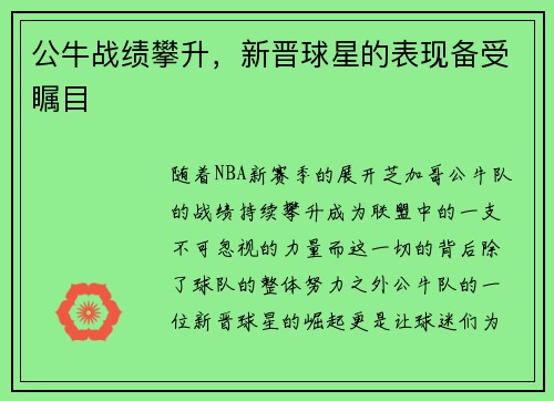 公牛战绩攀升，新晋球星的表现备受瞩目